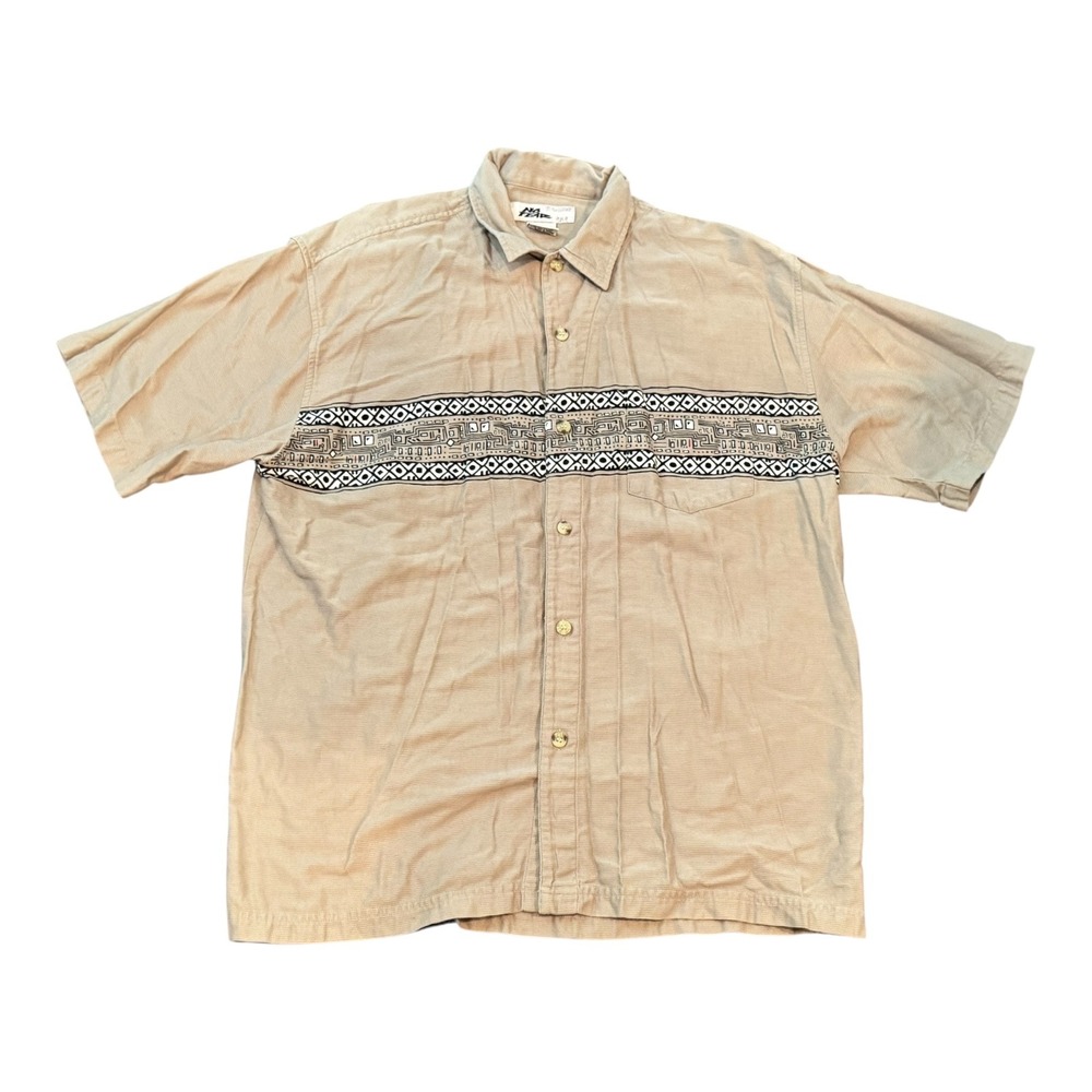 No Fear Aztec Tribal Button‎ Up Shirt Short Sleeve Casual Tan Khaki Ribbed Large
